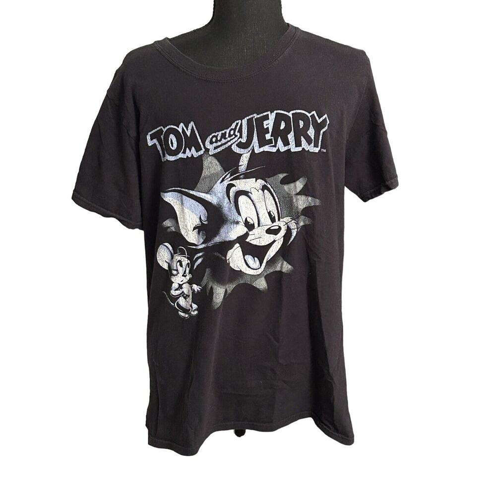 TOM and JERRY Weathered Look CARTOON Graphic Shirt‎ Men's Medium Black T-Shirt